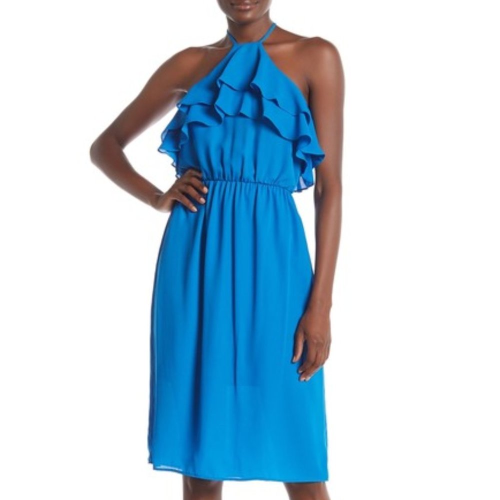 Everly blue small halter ruffle midi dress